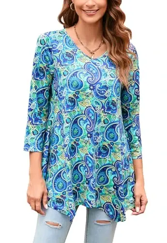 ENMAIN Tunic Tops for Women 3/4 Sleeve Plus Size Women's Tunics Loose Fit Floral Swing Flare Ladies Blouse for Leggings 