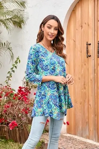 ENMAIN Tunic Tops for Women 3/4 Sleeve Plus Size Women's Tunics Loose Fit Floral Swing Flare Ladies Blouse for Leggings - 4