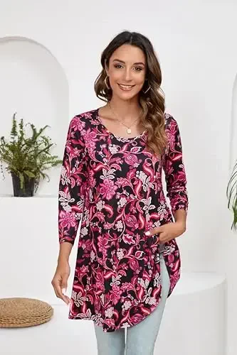 ENMAIN Tunic Tops for Women 3/4 Sleeve Plus Size Women's Tunics Loose Fit Floral Swing Flare Ladies Blouse for Leggings - 3