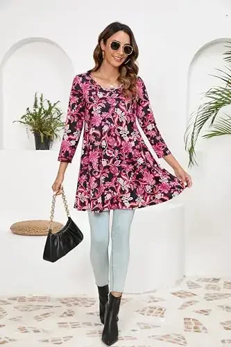 ENMAIN Tunic Tops for Women 3/4 Sleeve Plus Size Women's Tunics Loose Fit Floral Swing Flare Ladies Blouse for Leggings - 6