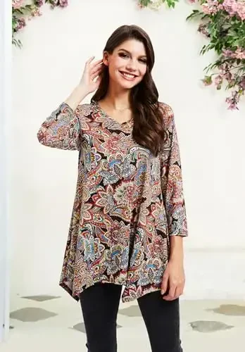 ENMAIN Tunic Tops for Women 3/4 Sleeve Plus Size Women's Tunics Loose Fit Floral Swing Flare Ladies Blouse for Leggings - 4