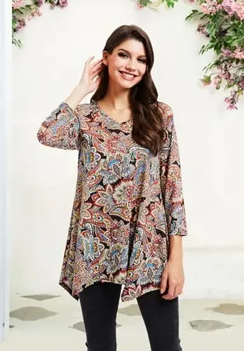 ENMAIN Tunic Tops for Women 3/4 Sleeve Plus Size Women's Tunics Loose Fit Floral Swing Flare Ladies Blouse for Leggings - 4
