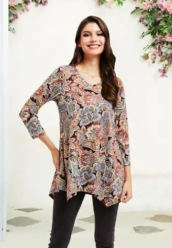 ENMAIN Tunic Tops for Women 3/4 Sleeve Plus Size Women's Tunics Loose Fit Floral Swing Flare Ladies Blouse for Leggings - 5