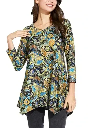 ENMAIN Tunic Tops for Women 3/4 Sleeve Plus Size Women's Tunics Loose Fit Floral Swing Flare Ladies Blouse for Leggings - ENMAIN