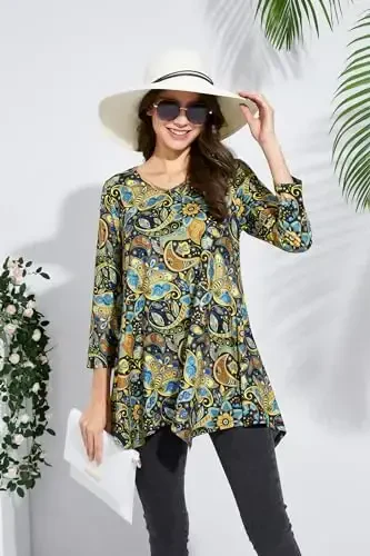 ENMAIN Tunic Tops for Women 3/4 Sleeve Plus Size Women's Tunics Loose Fit Floral Swing Flare Ladies Blouse for Leggings - 6