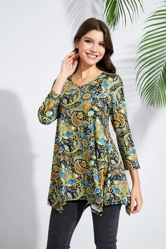 ENMAIN Tunic Tops for Women 3/4 Sleeve Plus Size Women's Tunics Loose Fit Floral Swing Flare Ladies Blouse for Leggings - 4