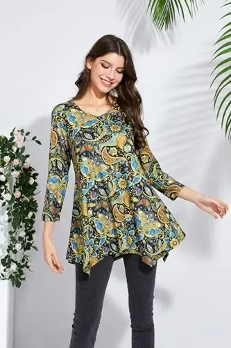 ENMAIN Tunic Tops for Women 3/4 Sleeve Plus Size Women's Tunics Loose Fit Floral Swing Flare Ladies Blouse for Leggings - 5