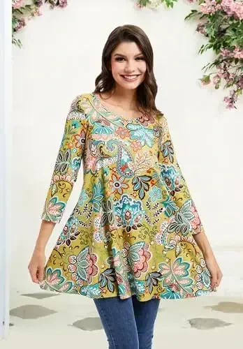 ENMAIN Tunic Tops for Women 3/4 Sleeve Plus Size Women's Tunics Loose Fit Floral Swing Flare Ladies Blouse for Leggings - 5