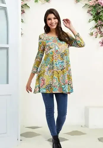 ENMAIN Tunic Tops for Women 3/4 Sleeve Plus Size Women's Tunics Loose Fit Floral Swing Flare Ladies Blouse for Leggings - 6