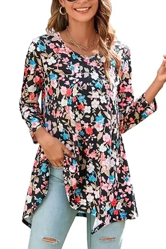 ENMAIN Tunic Tops for Women 3/4 Sleeve Plus Size Women's Tunics Loose Fit Floral Swing Flare Ladies Blouse for Leggings - ENMAIN