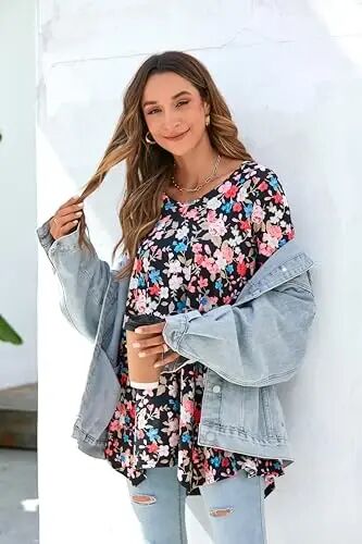 ENMAIN Tunic Tops for Women 3/4 Sleeve Plus Size Women's Tunics Loose Fit Floral Swing Flare Ladies Blouse for Leggings - 1