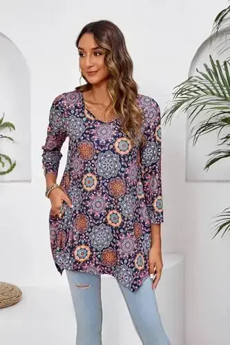 ENMAIN Tunic Tops for Women 3/4 Sleeve Plus Size Women's Tunics Loose Fit Floral Swing Flare Ladies Blouse for Leggings - 4