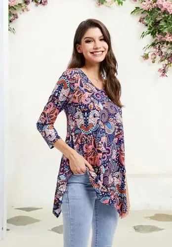 ENMAIN Tunic Tops for Women 3/4 Sleeve Plus Size Women's Tunics Loose Fit Floral Swing Flare Ladies Blouse for Leggings - 3
