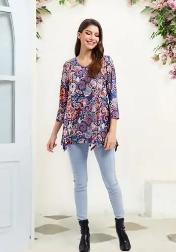 ENMAIN Tunic Tops for Women 3/4 Sleeve Plus Size Women's Tunics Loose Fit Floral Swing Flare Ladies Blouse for Leggings - 6