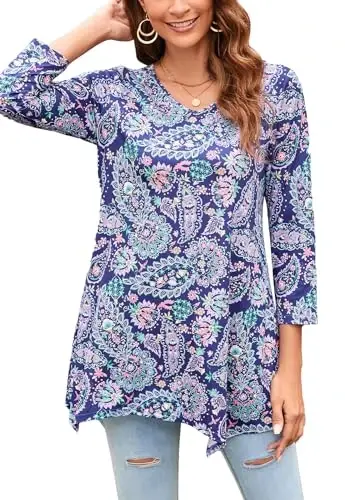 ENMAIN Tunic Tops for Women 3/4 Sleeve Plus Size Women's Tunics Loose Fit Floral Swing Flare Ladies Blouse for Leggings 