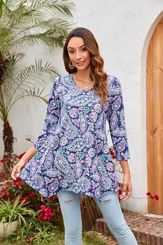 ENMAIN Tunic Tops for Women 3/4 Sleeve Plus Size Women's Tunics Loose Fit Floral Swing Flare Ladies Blouse for Leggings - 4
