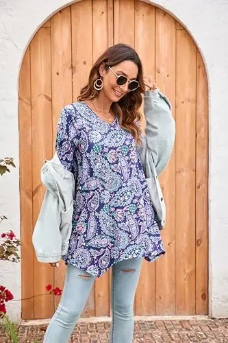 ENMAIN Tunic Tops for Women 3/4 Sleeve Plus Size Women's Tunics Loose Fit Floral Swing Flare Ladies Blouse for Leggings - 6