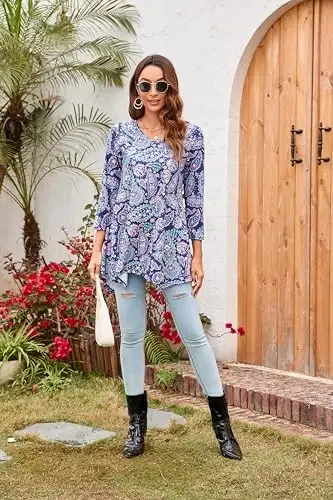 ENMAIN Tunic Tops for Women 3/4 Sleeve Plus Size Women's Tunics Loose Fit Floral Swing Flare Ladies Blouse for Leggings - 7