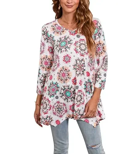 ENMAIN Tunic Tops for Women 3/4 Sleeve Plus Size Women's Tunics Loose Fit Floral Swing Flare Ladies Blouse for Leggings - 1