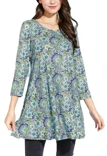 ENMAIN Tunic Tops for Women 3/4 Sleeve Plus Size Women's Tunics Loose Fit Floral Swing Flare Ladies Blouse for Leggings - 1