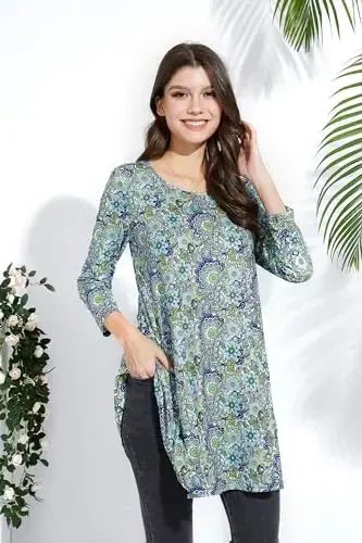 ENMAIN Tunic Tops for Women 3/4 Sleeve Plus Size Women's Tunics Loose Fit Floral Swing Flare Ladies Blouse for Leggings - 4