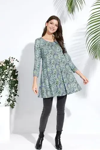 ENMAIN Tunic Tops for Women 3/4 Sleeve Plus Size Women's Tunics Loose Fit Floral Swing Flare Ladies Blouse for Leggings - 7