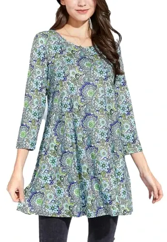 ENMAIN Tunic Tops for Women 3/4 Sleeve Plus Size Women's Tunics Loose Fit Floral Swing Flare Ladies Blouse for Leggings - 1