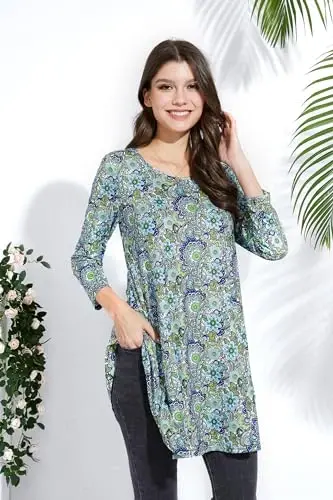 ENMAIN Tunic Tops for Women 3/4 Sleeve Plus Size Women's Tunics Loose Fit Floral Swing Flare Ladies Blouse for Leggings - 4