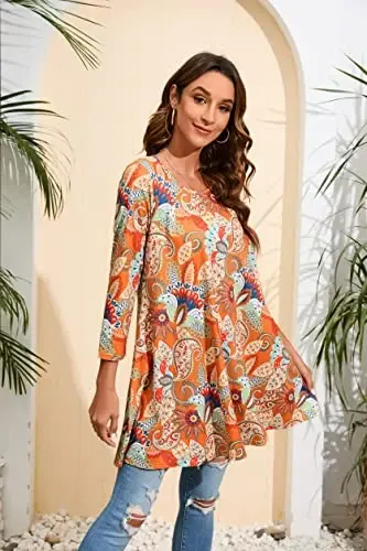 ENMAIN Tunic Tops for Women 3/4 Sleeve Plus Size Women's Tunics Loose Fit Floral Swing Flare Ladies Blouse for Leggings - 3