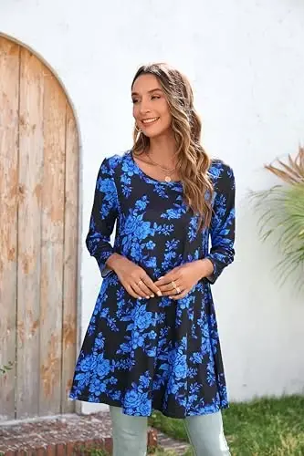 ENMAIN Tunic Tops for Women 3/4 Sleeve Plus Size Women's Tunics Loose Fit Floral Swing Flare Ladies Blouse for Leggings - 5