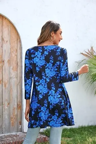 ENMAIN Tunic Tops for Women 3/4 Sleeve Plus Size Women's Tunics Loose Fit Floral Swing Flare Ladies Blouse for Leggings - 3