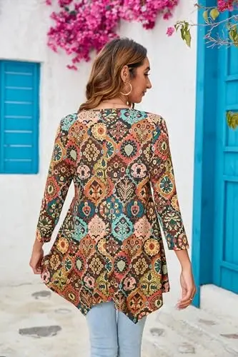 ENMAIN Tunic Tops for Women 3/4 Sleeve Plus Size Women's Tunics Loose Fit Floral Swing Flare Ladies Blouse for Leggings - ENMAIN (1)