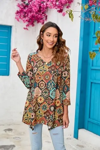ENMAIN Tunic Tops for Women 3/4 Sleeve Plus Size Women's Tunics Loose Fit Floral Swing Flare Ladies Blouse for Leggings - 4