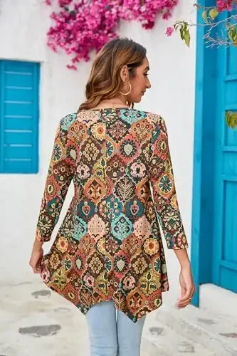 ENMAIN Tunic Tops for Women 3/4 Sleeve Plus Size Women's Tunics Loose Fit Floral Swing Flare Ladies Blouse for Leggings - 2