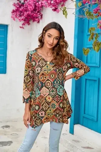 ENMAIN Tunic Tops for Women 3/4 Sleeve Plus Size Women's Tunics Loose Fit Floral Swing Flare Ladies Blouse for Leggings - 3