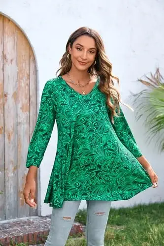 ENMAIN Tunic Tops for Women 3/4 Sleeve Plus Size Women's Tunics Loose Fit Floral Swing Flare Ladies Blouse for Leggings - MODAZONE (1)