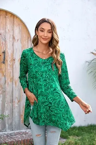 ENMAIN Tunic Tops for Women 3/4 Sleeve Plus Size Women's Tunics Loose Fit Floral Swing Flare Ladies Blouse for Leggings - 4