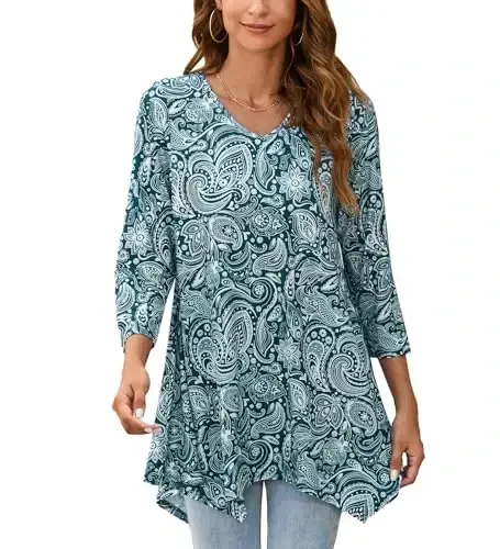 ENMAIN Tunic Tops for Women 3/4 Sleeve Plus Size Women's Tunics Loose Fit Floral Swing Flare Ladies Blouse for Leggings - 1