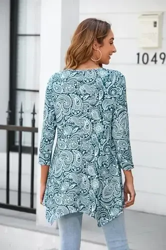 ENMAIN Tunic Tops for Women 3/4 Sleeve Plus Size Women's Tunics Loose Fit Floral Swing Flare Ladies Blouse for Leggings - 2