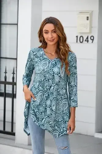 ENMAIN Tunic Tops for Women 3/4 Sleeve Plus Size Women's Tunics Loose Fit Floral Swing Flare Ladies Blouse for Leggings - 3