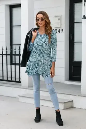ENMAIN Tunic Tops for Women 3/4 Sleeve Plus Size Women's Tunics Loose Fit Floral Swing Flare Ladies Blouse for Leggings - 6