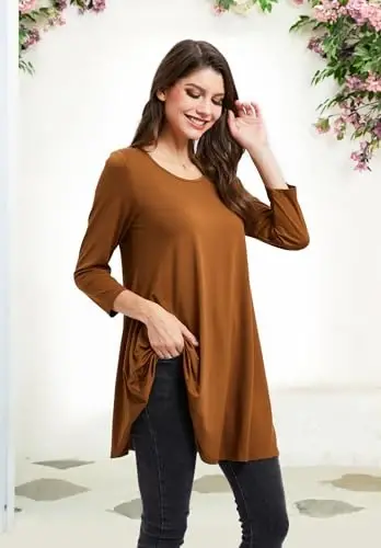 ENMAIN Tunic Tops for Women 3/4 Sleeve Plus Size Women's Tunics Loose Fit Floral Swing Flare Ladies Blouse for Leggings - 3