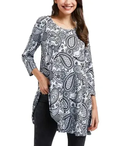 ENMAIN Tunic Tops for Women 3/4 Sleeve Plus Size Women's Tunics Loose Fit Floral Swing Flare Ladies Blouse for Leggings - ENMAIN