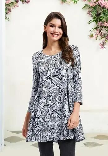 ENMAIN Tunic Tops for Women 3/4 Sleeve Plus Size Women's Tunics Loose Fit Floral Swing Flare Ladies Blouse for Leggings - 3