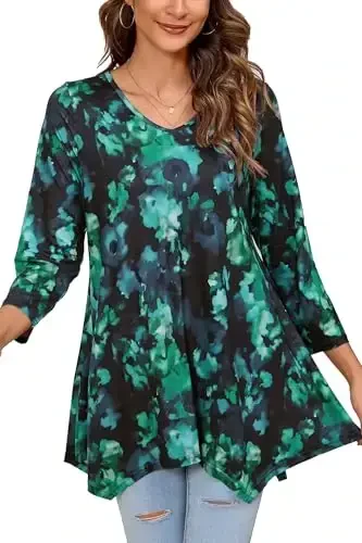 ENMAIN Tunic Tops for Women 3/4 Sleeve Plus Size Women's Tunics Loose Fit Floral Swing Flare Ladies Blouse for Leggings - ENMAIN