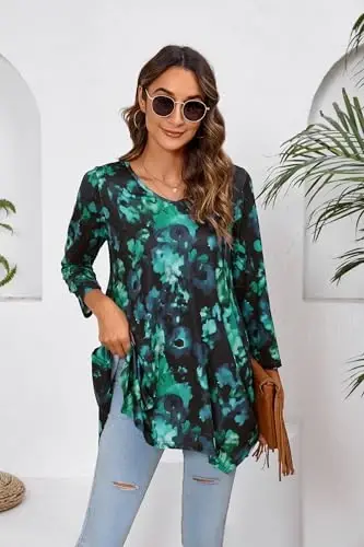 ENMAIN Tunic Tops for Women 3/4 Sleeve Plus Size Women's Tunics Loose Fit Floral Swing Flare Ladies Blouse for Leggings - 5