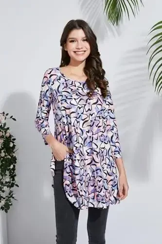 ENMAIN Tunic Tops for Women 3/4 Sleeve Plus Size Women's Tunics Loose Fit Floral Swing Flare Ladies Blouse for Leggings - 5