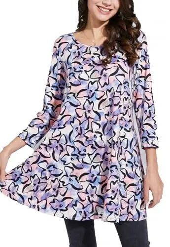 ENMAIN Tunic Tops for Women 3/4 Sleeve Plus Size Women's Tunics Loose Fit Floral Swing Flare Ladies Blouse for Leggings - 1