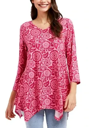 ENMAIN Tunic Tops for Women 3/4 Sleeve Plus Size Women's Tunics Loose Fit Floral Swing Flare Ladies Blouse for Leggings - ENMAIN