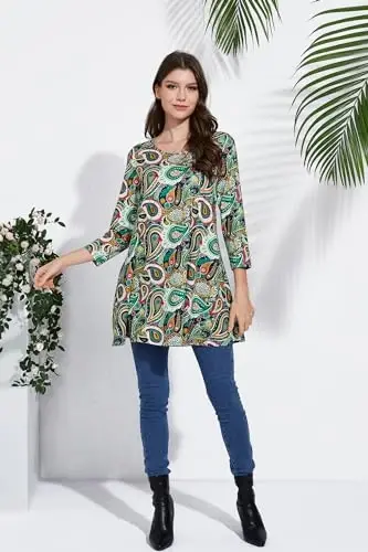ENMAIN Tunic Tops for Women 3/4 Sleeve Plus Size Women's Tunics Loose Fit Floral Swing Flare Ladies Blouse for Leggings - 7